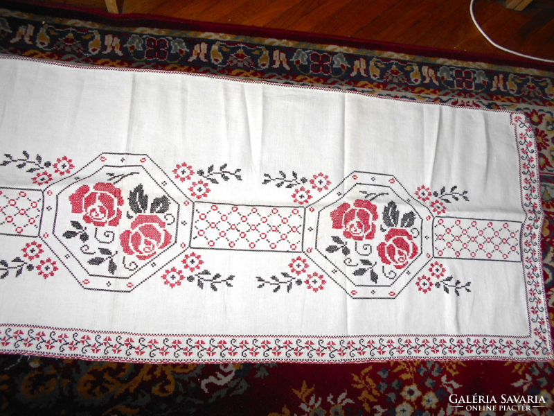 -Antique home-woven linen with embroidery, tablecloth-runner 176 cm x 53 cm