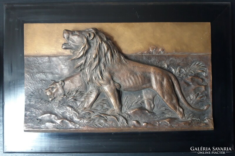 Lions in the Savannah - bronze relief wall decoration