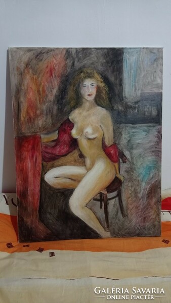 Gyönyörű festmény, akt, 76 cm, női ülő alak ablak előtt