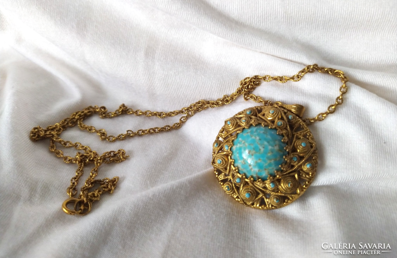 Detailed, large copper pendant with turquoise glass stone, chain