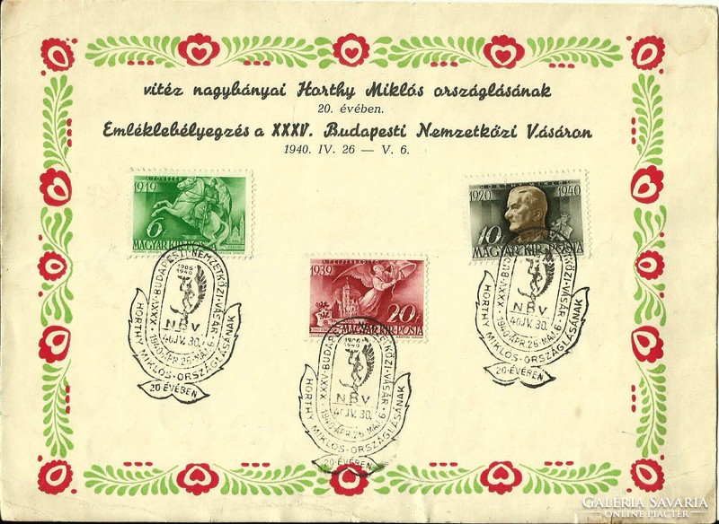 Occasional stamp = brave Miklós Horthy of Nagybánya country. 20. Vol. (1940. Budapest international v)