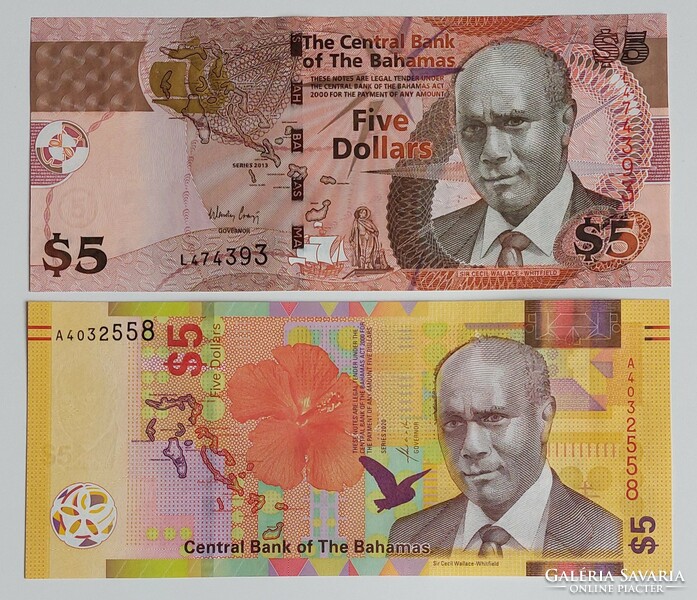 2 db Bahama-szigetek 5 dollár UNC bankjegy