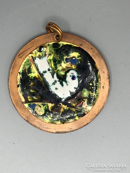 Huge pendant, fire enamel image of a fairy-tale bird on a tree branch on a copper sheet
