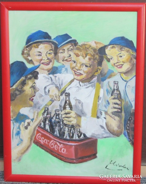 Argentin kortárs festmény,1997, retró Coca-cola  reklám után, tanúsítvánnyal,  jelzett.