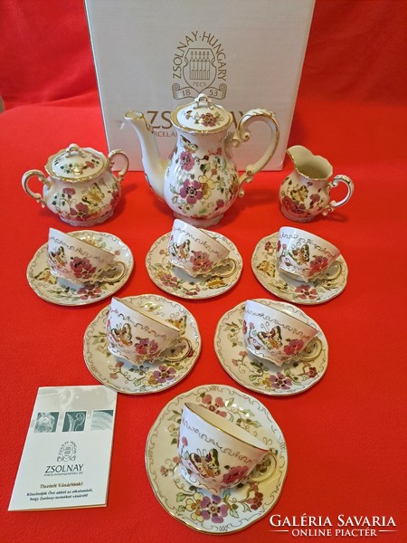 New, never used Zsolnay butterfly / butterfly pattern complete 6-person mocha / coffee set