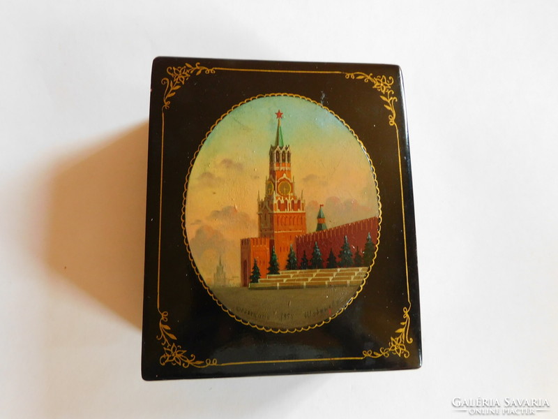 Russian vintage lacquer box from Soviet times with the skyline of the Kremlin