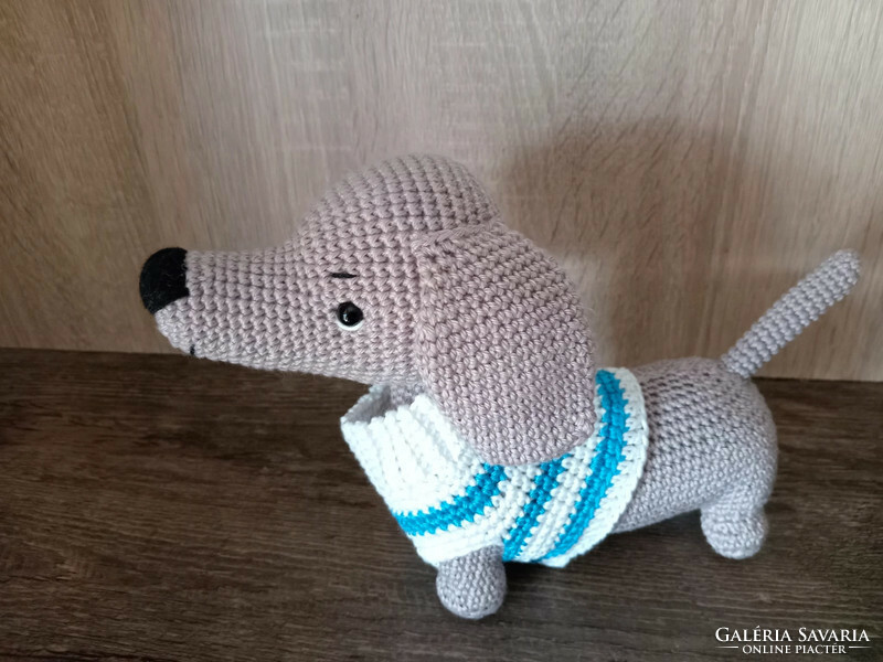 Hand crocheted dachshund dog in a striped t-shirt