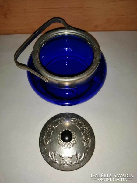 Retro kék üveg bonbonier fém tetővel (5/d)