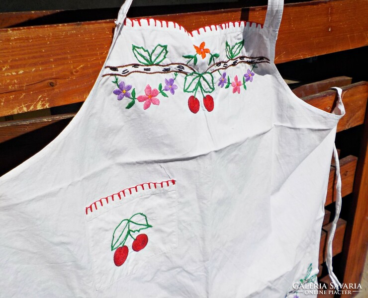 Hand-embroidered floral cherry apron