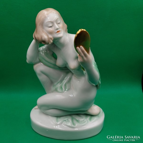 István Szilágyi nagy porcelain figurine of Herend female nude with mirror