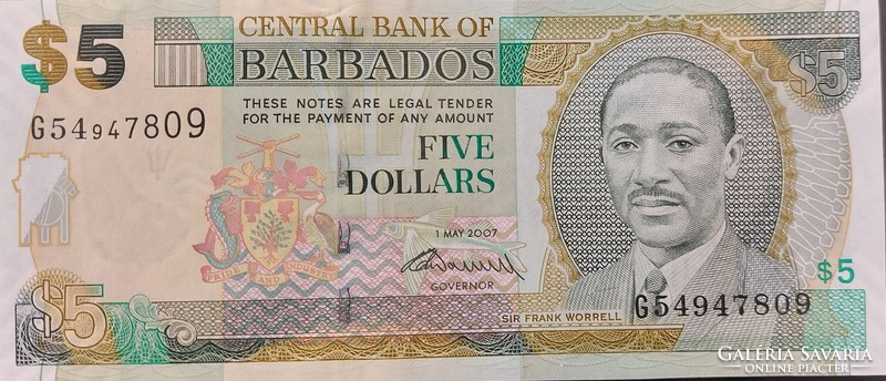 Barbados 5 dollár, 2007, UNC bankjegy