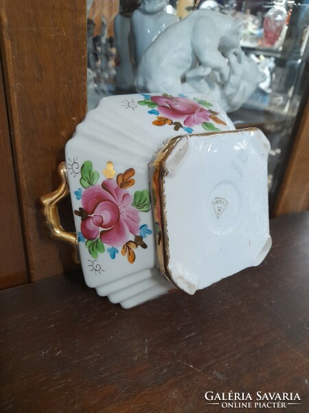 Retro Russian flower-patterned handle, gilded, hand-painted porcelain box with ears, bonbonnier.