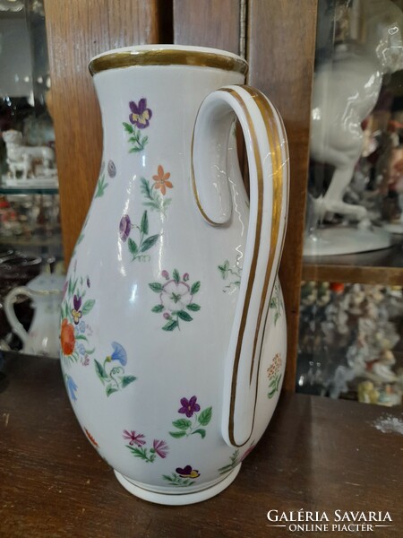 German, germany kpm berlin, hand-painted, floral, gold-decorated porcelain jug, spout. 22 Cm.
