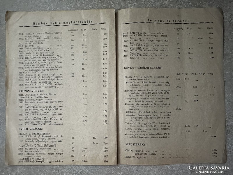 Gombás Gyula Magtermelő- magkereskedő árjegyzéke 1945
