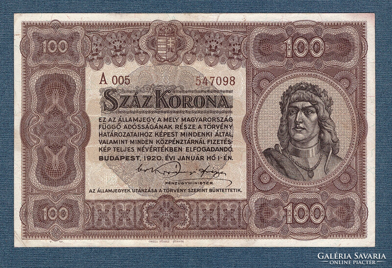 100 Korona 1920 EF Barna számozás