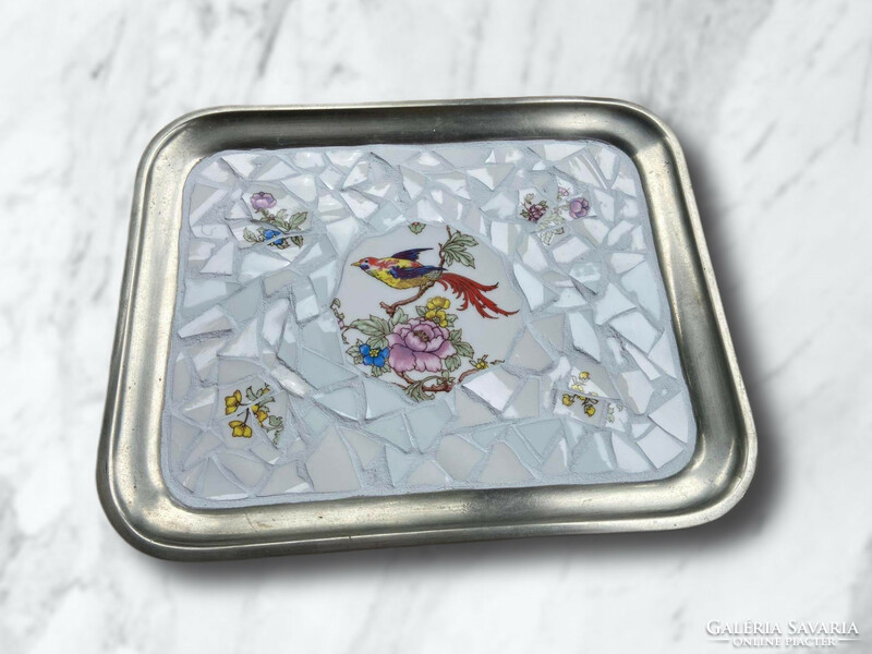 Alpaca tray with antique porcelain mosaic inlay