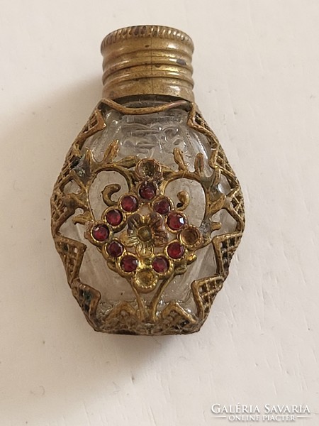Very rare, antique, mini perfume bottle, brass, with lacy pattern, stone inlay