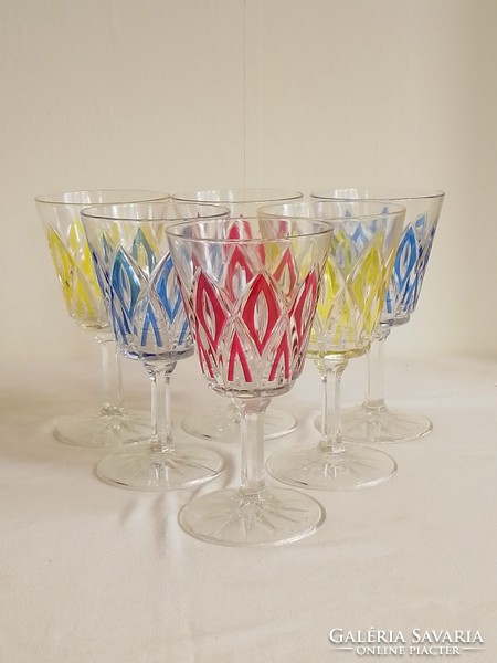 Set of six blue yellow red colored old French vintage Reims wine crystal glass goblet
