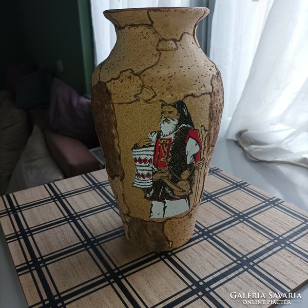 Italian tile, cork-covered vase.