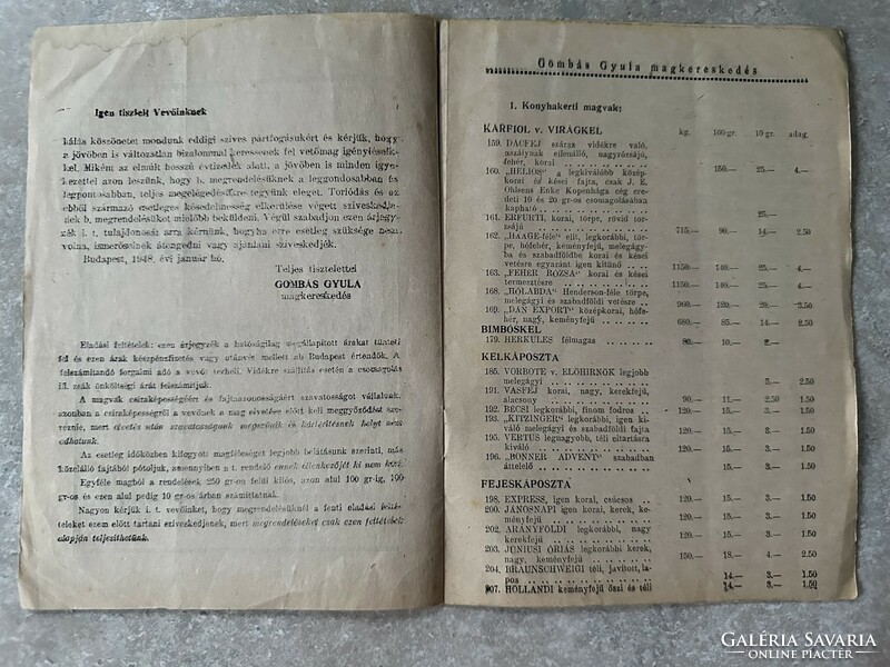 Gombás Gyula Magtermelő- magkereskedő árjegyzéke 1945