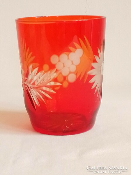 Antik régi überfangos csiszolt metszett virág szőlő mintás színes narancs piros üveg pohár