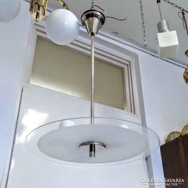 Art deco nickel-plated 3-burner chandelier renovated - acid-etched glass disc