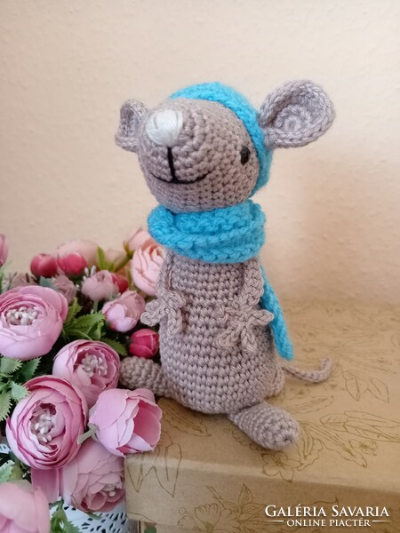 Hand crocheted mouse in hat and scarf