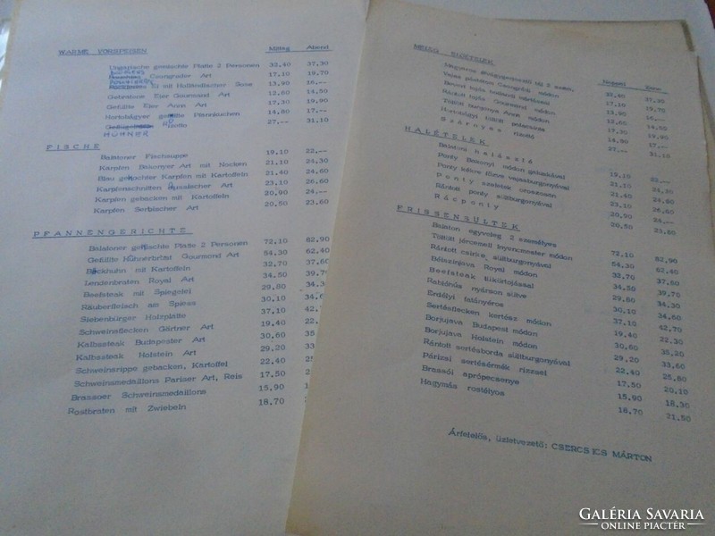 D202201 ÉTLAP -SIÓFOK ÉTTEREM  Ételek Italok - Budapest  1960-70's  nagyméretű, több lappal