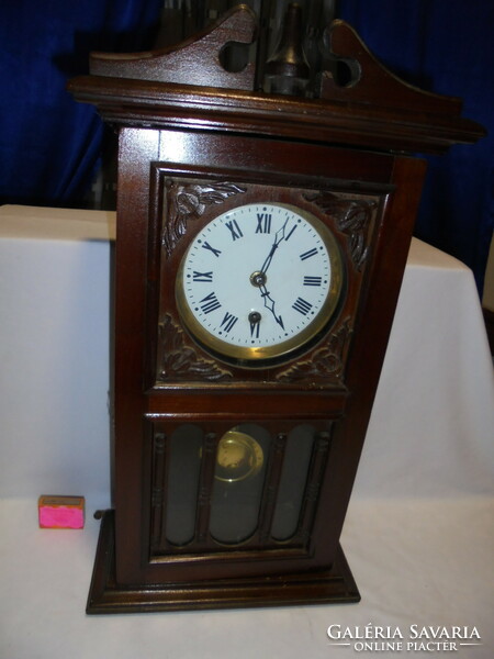 Old pendulum wall clock, pendulum clock - carved wooden face, glazed - works