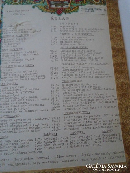 D202203 menu - Mátyás pince Budapest food / drink price list 1960's