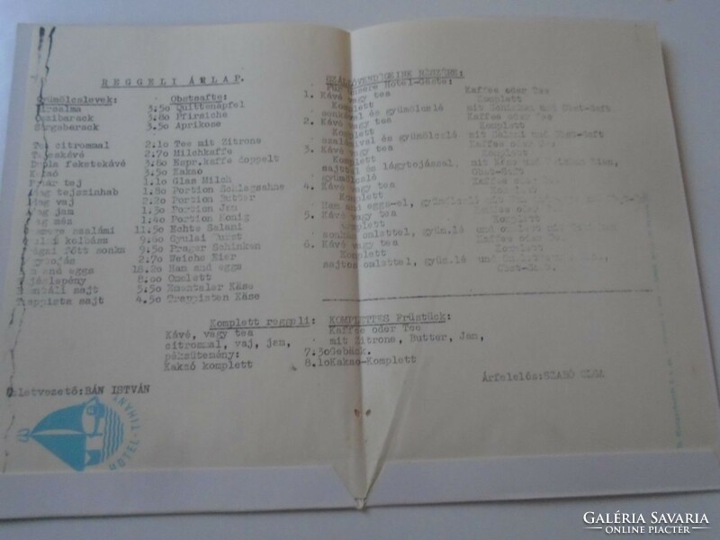 D202213 hotel Tihany breakfast price list - drinks, cakes - cold dishes 1966