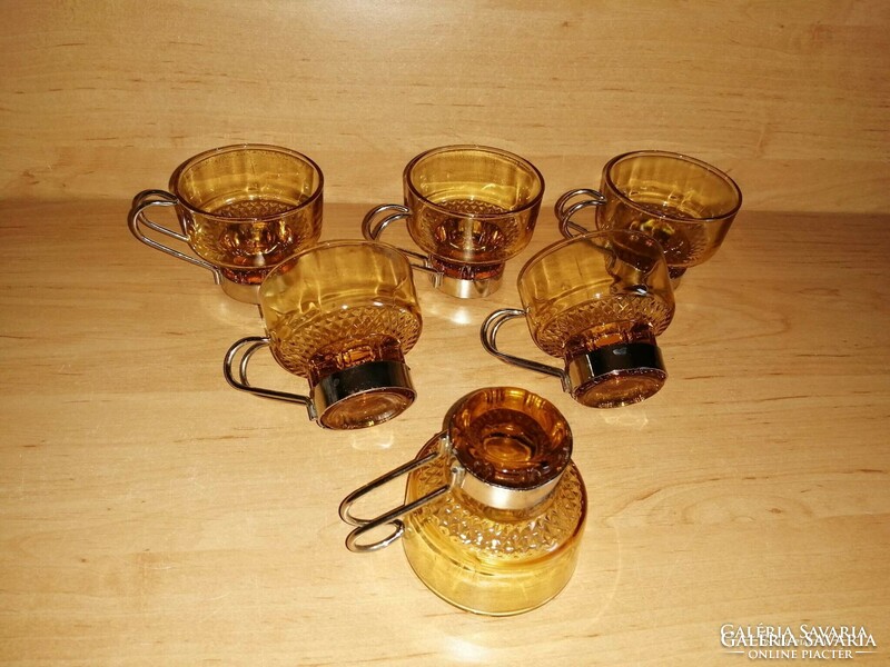 Retro orosz borostyán üveg fém füles pohár készlet 6 db - Soha nem használt! (po-4)