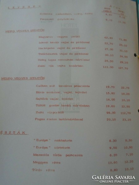 D202221 menu hotel europa Siofok - pannonia hotels 1960's