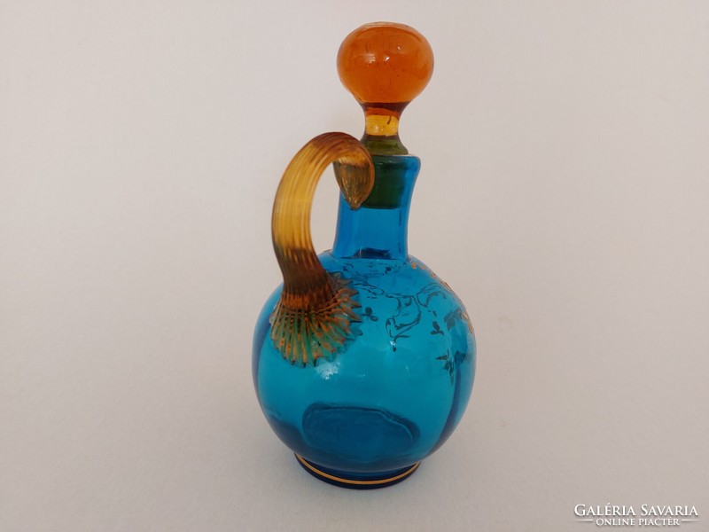 Antik karaffa huta üveg kis kancsó aranyozott dugós kiöntő 16 cm