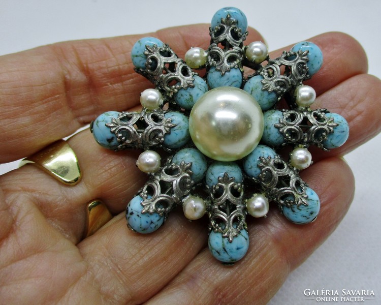 Beautiful antique marked Austrian brooch turquoise? With lace and pearl decoration