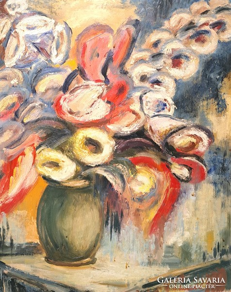 András G. Szántó: flower still life (oil painting) mug flowers, 1991 - Rákospalot painter