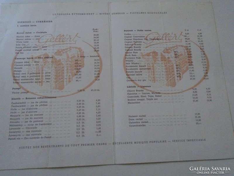 D202209 grand hotel gellért - espresso - confectionery price list - drinks cakes Budapest 1963