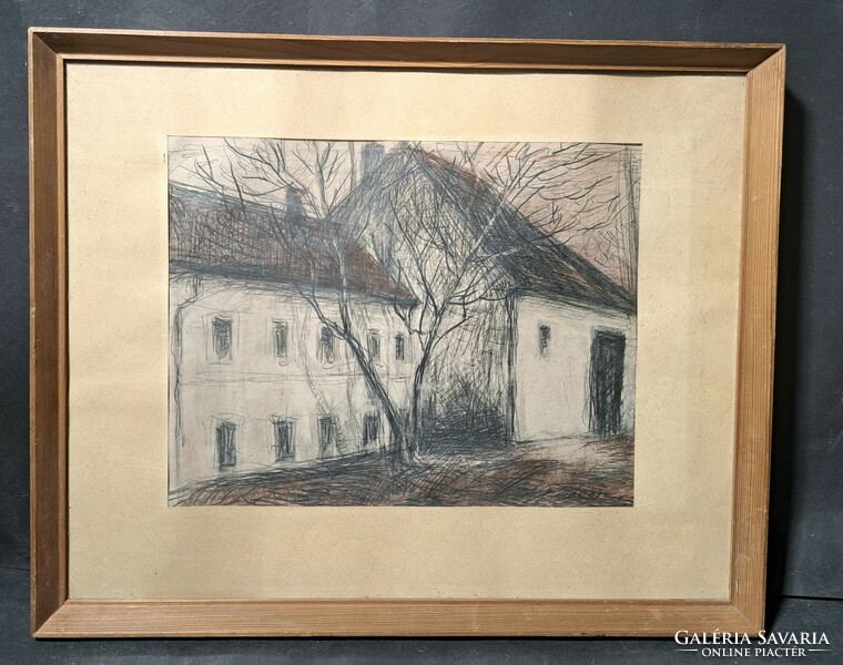 Emil Gádor (1911-1998): street view (pencil drawing, labeled graphics)