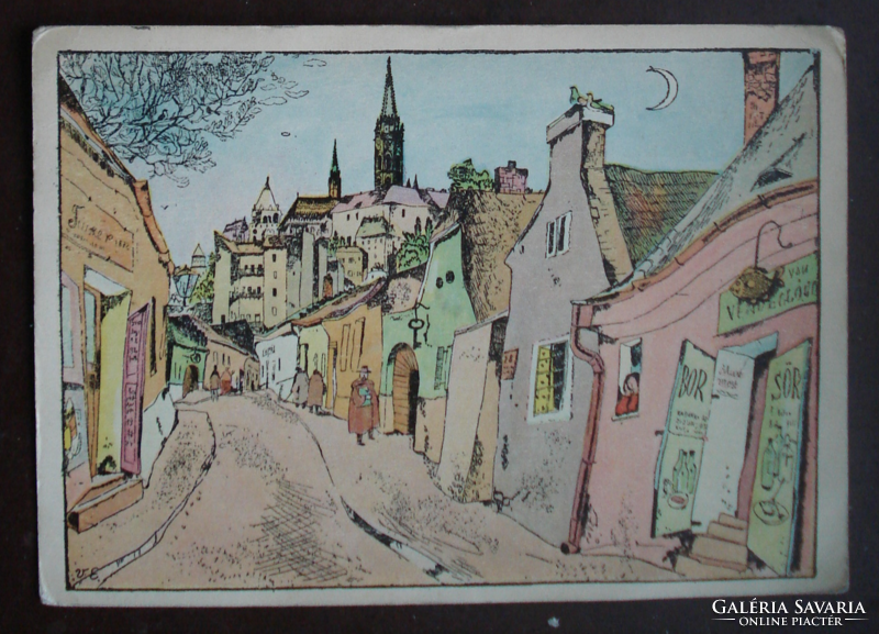 Buda small street hunter endre graphic postcard signed by Gyula Rudnyánszky