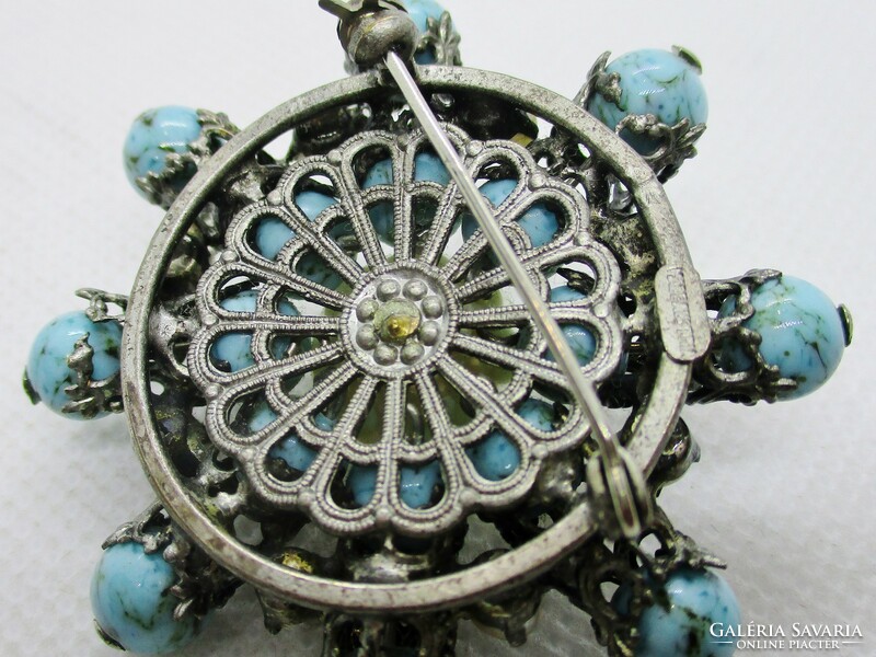 Beautiful antique marked Austrian brooch turquoise? With lace and pearl decoration