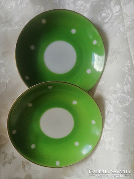 Pair of green and white speckled coffee coasters