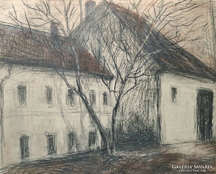 Emil Gádor (1911-1998): street view (pencil drawing, labeled graphics)