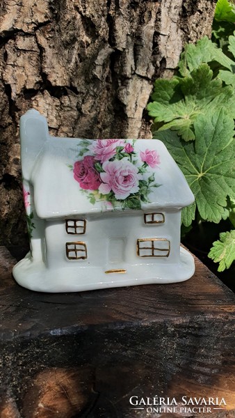 English porcelain rosy cottage display case on fine porcelain bone china