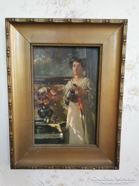 Mérey nő virágvázával festmény