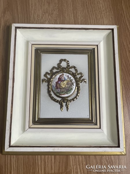 Baroque scenic porcelain picture on a brass base in a wooden frame, beautiful.