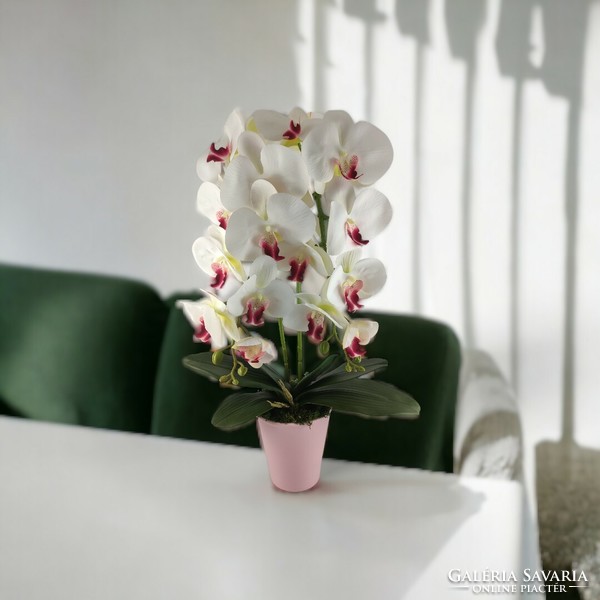 Kétszálas élethű fehér, pink orchidea kaspóban OR210FHPK