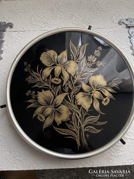 Well used beautiful glass under golden flowers cake, serving tray