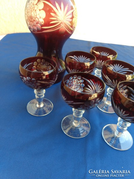 Six-person burgundy-colored, polished glass, short drinks set, with huge spout, 34 cm, flawless,