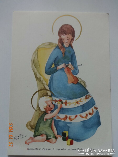 Régi grafikus vallásos üdvözlő képeslap, postatiszta - a gyermek Jézus nézi édesanyja munkáját