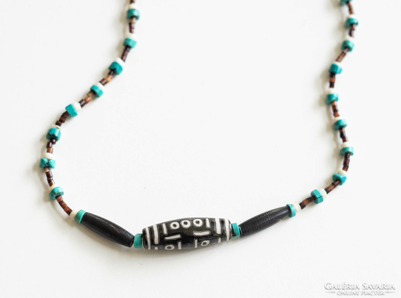Vintage ethno necklace - collier with turquoise stone and plastic elements - bohemian ethno boho folk art